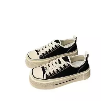 Повседневные туфли на плоской подошве из парусины 2024 года, высококачественная женская обувь на весну и осень, круглая ретро-туфля с квадратным носком, повседневная спортивная обувь, тренд 35 чёрный