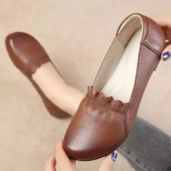 Повседневные туфли на плоской подошве с неглубокой подошвой, дышащая обувь для ходьбы, модные женские туфли без застежек на плоской подошве, однотонные кожаные мокасины с круглым носком, новые 35 чёрный