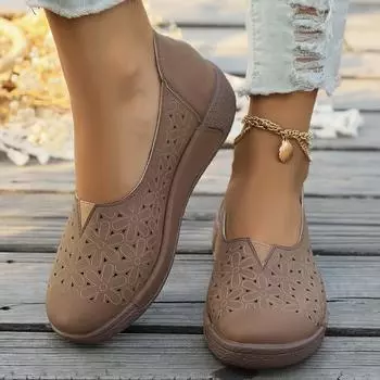 Повседневные туфли на плоской подошве с полыми носками для мам, женские туфли в этническом стиле с низким верхом, однотонные туфли большого размера 36 коричневый