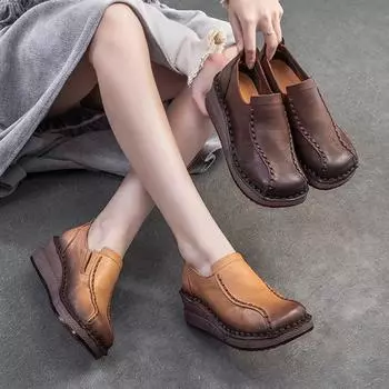 Повседневные туфли на танкетке Johnature из натуральной кожи, удобные, универсальные, с круглым носком, женские туфли без застежек 35 темно-коричневого