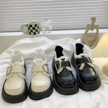 Повседневные туфли в британском студенческом стиле с одной педалью, кожаные туфли из хлопка, на платформе, бархатные мокасины для женщин 35