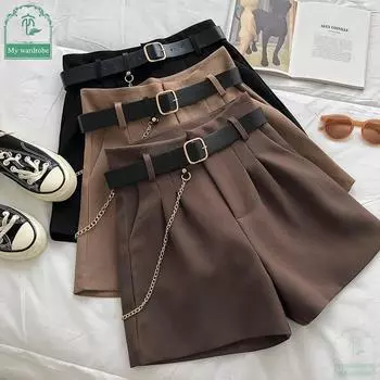 Повседневные удобные элегантные шорты с поясом. Женские тонкие широкие шорты трапециевидной формы. S чёрный