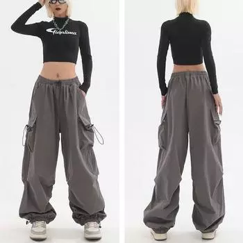 Повседневные уличные брюки в стиле хип-хоп, женские брюки-карго, модные, с высокой талией, с несколькими карманами, однотонные, широкие брюки, спортивные брюки больших размеров XXXL чёрный