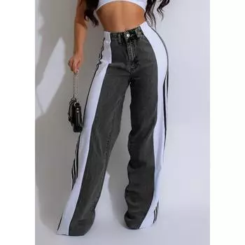 Повседневные уличные джинсовые брюки-капри для женщин, полосатые джинсовые брюки с пуговицами и карманами, длинные свободные джинсы с тремя полосками, большие размеры XXL