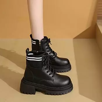 Повседневные универсальные одинарные ботинки 2024 года, новые осенние ботинки большого размера с круглым носком, на шнуровке, на толстом каблуке, однотонные женские ботинки Martin 35 бежевый