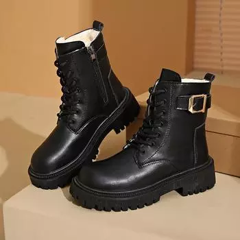 Повседневные универсальные одинарные ботинки 2024 года, новые осенние ботинки большого размера с круглым носком, на шнуровке, на толстом каблуке, однотонные женские ботинки Martin 35