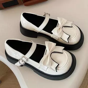 Повседневные универсальные туфли из кожи небольшого размера с толстой подошвой и бантом 2024 года, новые простые однотонные женские туфли на толстом каблуке, осеннее время 35 покинуть белый