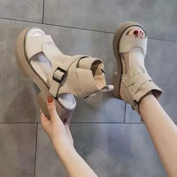 Повседневные универсальные туфли на высоком каблуке с толстой подошвой, летние, модные, мягкие, кожаные, водонепроницаемые, сандалии на высоком каблуке для стола, женская обувь 35