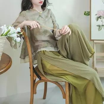 Повседневные винтажные брюки в китайском стиле с пряжкой в виде диска, рукав три четверти, комплект из двух предметов S зелёный