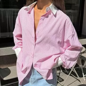 Повседневные винтажные полосатые рубашки с длинным рукавом, женские свободные однобортные блузки большого размера с лацканами, модные универсальные повседневные топы S розовый