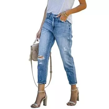 Повседневные винтажные женские джинсы с рваными стрейчами S синий