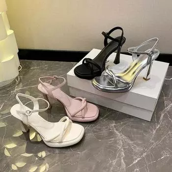 Повседневные водонепроницаемые туфли на высоком каблуке 2025 года, летние туфли с квадратной головкой, односложная пряжка, пояс с юбкой, не уставшие ноги, босоножки на тонком каблуке 34 чёрный