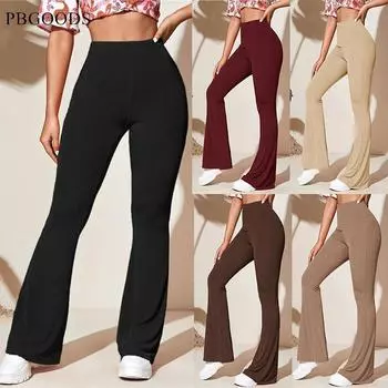 Повседневные вязаные брюки женские слегка расклешенные с высокой талией для йоги S чёрный