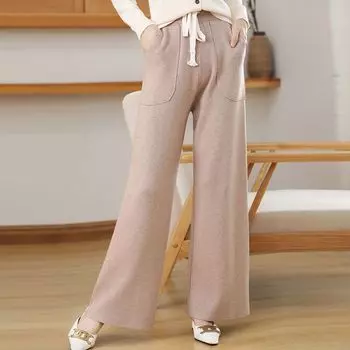 Повседневные вязаные широкие брюки для женщин на осень и зиму, свободные прямые брюки с высокой талией, длинные брюки One Size чёрный