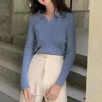 Повседневные вязаные топы с длинными рукавами, зимняя тонкая однотонная одежда, модный пуловер с отложным воротником, осенний трикотаж, женский свитер 28402 One Size абрикосовый