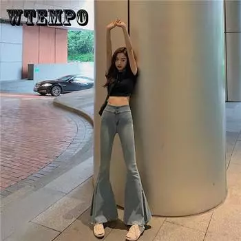 Повседневные женщины Джинсы Эластичные широкие ноги Джинсовые брюки Расклешенные леди Джинсы Уличная одежда Синий Джинс брюки XXL