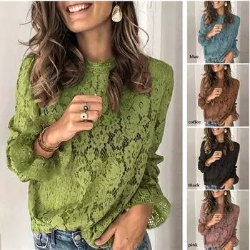 Повседневные женские элегантные модные пуловеры кружевные рубашки уличный стиль рукава-трубы осень-зима топы женские блузки рубашки S зелёный