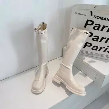 Повседневные женские бежевые коричневые сапоги до колена на низком каблуке, мягкие кожаные ковбойские сапоги на платформе, зимние дизайнерские высокие сапоги в стиле панк 36 чёрный