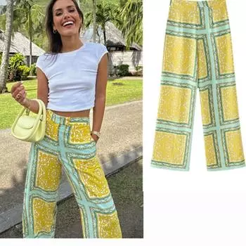 Повседневные женские брюки с принтом, модные желтые клетчатые брюки с высокой талией и карманом на молнии, прямые женские длинные брюки XS