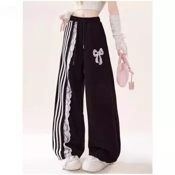 Повседневные женские брюки в стиле ретро с кружевом и бантом, полосатые спортивные брюки с высокой талией, модные и универсальные брюки для мытья полов S чёрный