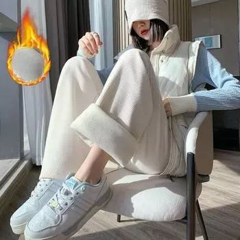 Повседневные женские длинные брюки осень-зима с высокой талией широкие брюки утолщенные женские прямые длинные брюки брюки S кофейный