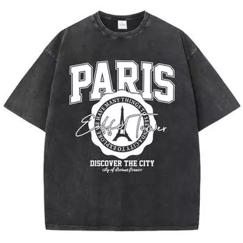 Повседневные женские футболки с кислотной стиркой, футболки с принтами Paris Discover The City , состаренные, оверсайз, хлопковые, с коротким рукавом S