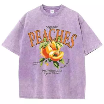 Повседневные женские футболки с кислотной стиркой, принтами Свежие персики доставляются ежедневно , топы, состаренный круглый вырез, оверсайз, хлопковая одежда S