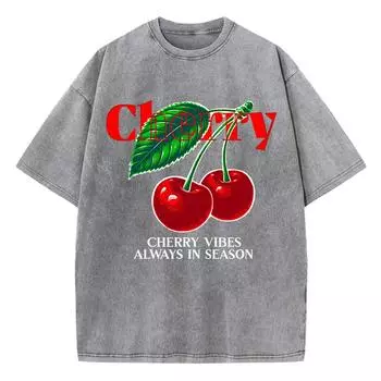 Повседневные женские футболки с кислотной стиркой, принты Cherry Vibes Always In Season, футболки с эффектом потертости, оверсайз, из хлопка, с коротким рукавом S
