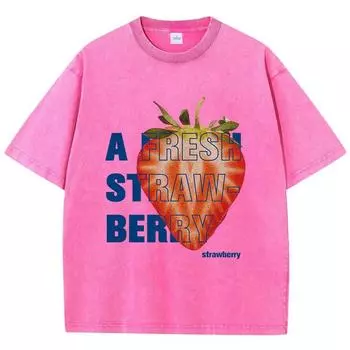 Повседневные женские футболки с кислотной стиркой, топы с принтом «Свежая клубника», потертые футболки из хлопка больших размеров, трендовая женская одежда S
