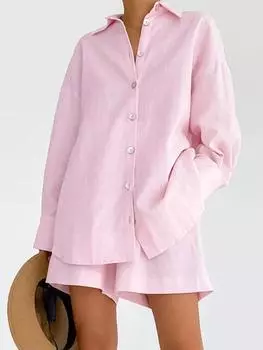 Повседневные женские комплекты, шорты, розовые свободные женские комплекты с отложным воротником, костюмы из 2 предметов, рубашки с длинными рукавами, лето 2023, шикарные женские комплекты, топы S розовый