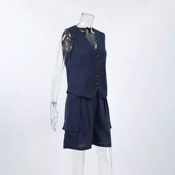 Повседневные женские костюмы из 2 предметов, жилет с V-образным вырезом на пуговицах, блейзер + шорты с высокой талией, модные летние винтажные комплекты 2025 года S тёмно-синий