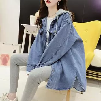 Повседневные женские ковбойские пальто, куртки с капюшоном, средней длины, весенняя корейская версия, свободная и ленивая куртка, женская одежда XL синий