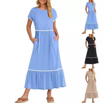 Повседневные женские летние платья с пышными рукавами и цветочным принтом, платье макси со сборками и открытой спиной, струящееся многослойное пляжное платье макси L чёрный