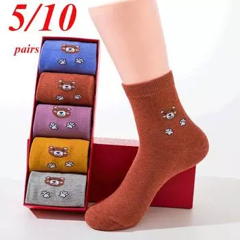 Повседневные женские носки, носки с изображением животных из мультфильмов, носки с милым принтом, носки до щиколотки, забавные носки для девочек, дышащие носки средней длины 5 pairs серый/розовый