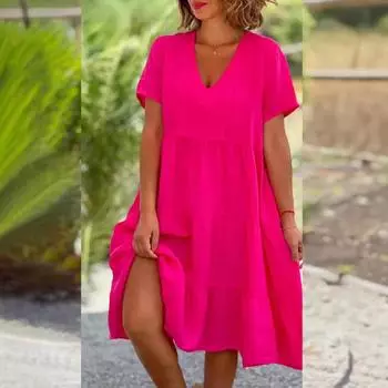 Повседневные женские платья из хлопка и льна 2025 года, весна/лето, милое платье с коротким рукавом, V-образным вырезом, свободного кроя, S-5XL S