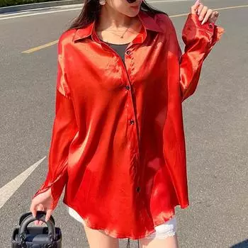 Повседневные женские рубашки больших размеров, новые модные однобортные с длинным рукавом, женские офисные топы, блузки, женские простые свободные солнцезащитные рубашки 3138 S красный