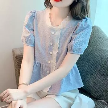 Повседневные женские рубашки с коротким рукавом, модная летняя блузка, женская с кружевными пуговицами, v-образным вырезом, женская одежда, синие топы, Blusas 24576 S орион