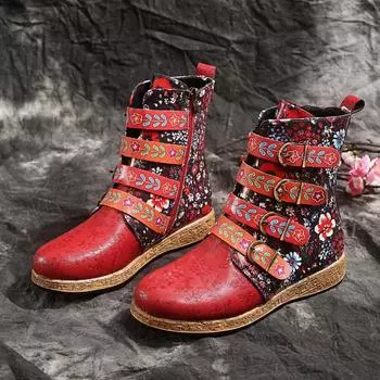 Повседневные женские сапоги в этническом стиле с вышивкой, модные сапоги на плоской подошве, короткие сапоги с пряжкой на ремне