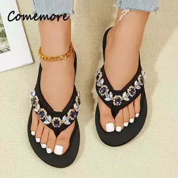 Повседневные женские шлепанцы на толстой подошве, легкие сандалии-ремешки, тапочки, пляжные тапочки с цепочкой из богемного ромба, плоские утолщенные сандалии 35 чёрный