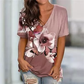 Повседневные женские топы с короткими рукавами, 3D-цветочный принт, V-образный вырез, женские футболки с короткими рукавами, модная уличная одежда с короткими рукавами S