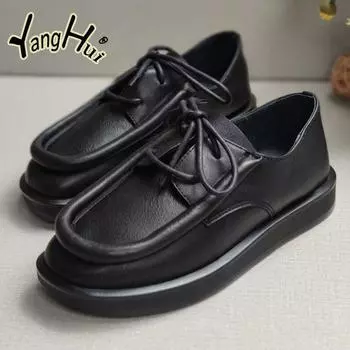 Повседневные женские туфли на толстой подошве и плоской платформе, новинка 2024 года, модные туфли-лодочки из натуральной кожи с узором из швейных ниток, кофейного цвета, весна 35 чёрный