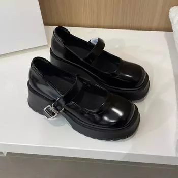 Повседневные женские туфли на толстом каблуке Mary Jane с толстой подошвой и увеличенным подъемом 2024 года, модные простые универсальные одинарные туфли, осеннее время 35 бежевый