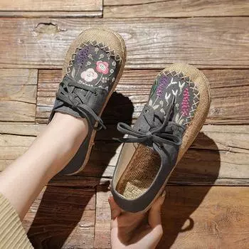 Повседневные женские туфли со шнуровкой спереди и круглой пряжкой, вышитые туфли на низком плоском каблуке из хлопчатобумажной и льняной ткани, весенние и летние одинарные туфли 35 серый