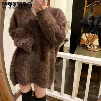 Повседневные женские утепленные вязаные свитера с v-образным вырезом, осенне-зимние норковые кашемировые мягкие женские свободные длинные пуловеры из мохера One Size розовый