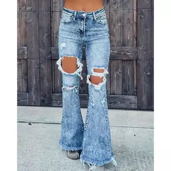 Повседневные женские винтажные рваные джинсы с бахромой S синий