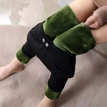 Повседневные женские зимние новые плюшевые и толстые теплые леггинсы с высокой талией, брюки M чёрный