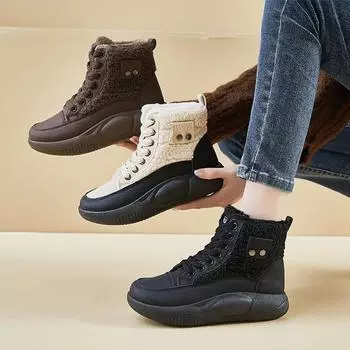 Повседневные зимние ботинки на толстой платформе с подкладкой из искусственного меха для женщин, зимние теплые флисовые полусапожки, женские удобные нескользящие короткие ботинки на шнуровке 35 бежевый