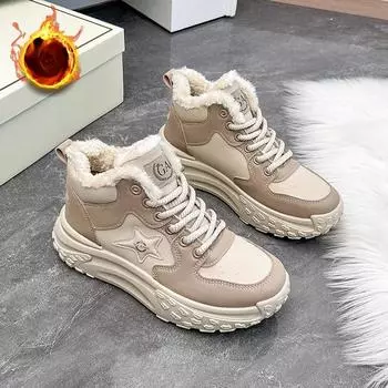 Повседневные зимние ботинки с подкладкой из искусственного меха, женские ботинки без застежек, на толстой платформе, на шнуровке, короткие зимние ботинки, женские высокие кроссовки для ходьбы 35 хаки