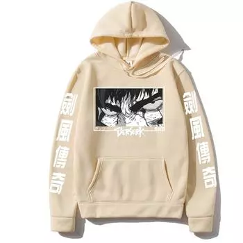 Повседневный аниме Berserk Guts Print Hoodies Harajuku Guts Loog Sleeve Осенний уличный стиль Anime Cool Eyes Print Hoodie свитер XS хаки