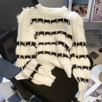 Повседневный асимметричный женский свитер, осенний зимний элегантный вязаный свитер с круглым вырезом, длинный рукав, плиссированный, свободный, офисный женский трикотажный свитер 25346 One Size белый